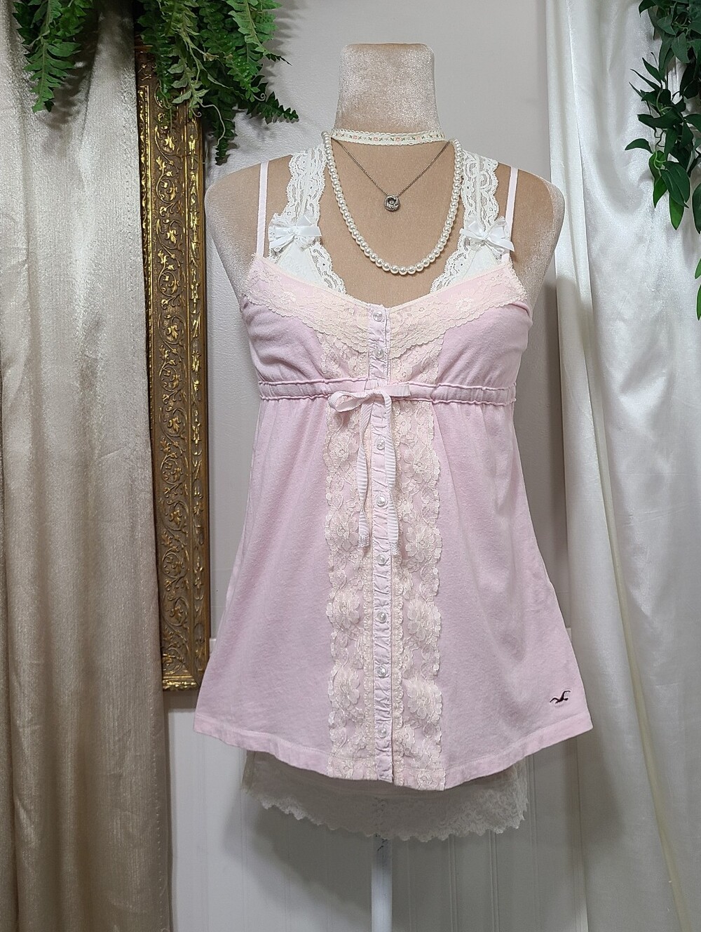 Hollister Baby Pink Lace Babydoll ♡ Y2K ♡ Waist Tie Coquette Lolita Tank Top